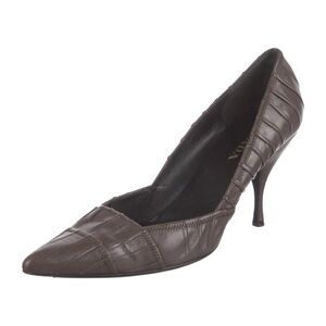 Prada Pleated Vero Cuoio Pointed Toe Pumps Size 37 Gray Brown